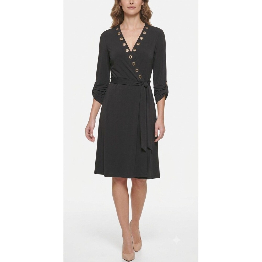 Calvin Klein Women's Black Wrap Dress Slinky Belt Grommets Large/X-Large